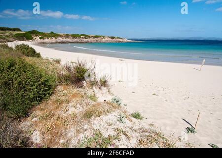 acqua cristalina, sabbia bianca e rocce colorano la spiaggia di la Bobba, Carloforte, isola di San Pietro, Sardegna Foto Stock