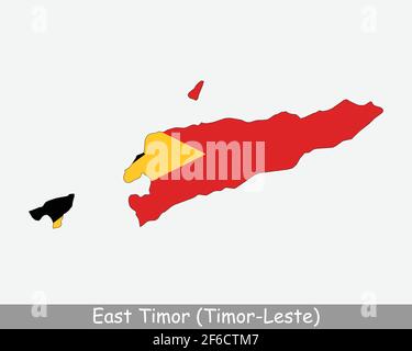Bandiera della mappa di Timor orientale. Mappa di Timor Est con bandiera nazionale timorese orientale isolata su sfondo bianco. Illustrazione vettoriale. Illustrazione Vettoriale