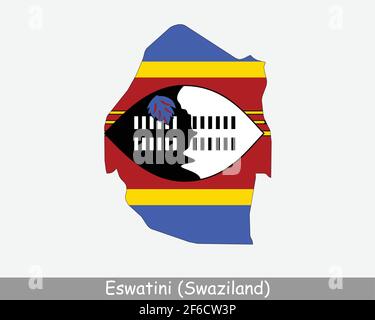 Mappa Bandiera di Eswatini Swaziland. Mappa del Regno di Eswatini con la bandiera nazionale Liswati isolata su sfondo bianco. Illustrazione vettoriale. Illustrazione Vettoriale