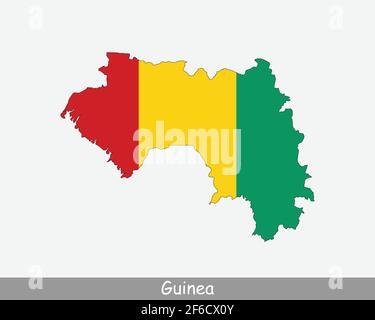 Bandiera della Guinea. Mappa della Repubblica di Guinea con la bandiera nazionale della Guinea isolata su sfondo bianco. Illustrazione vettoriale. Illustrazione Vettoriale