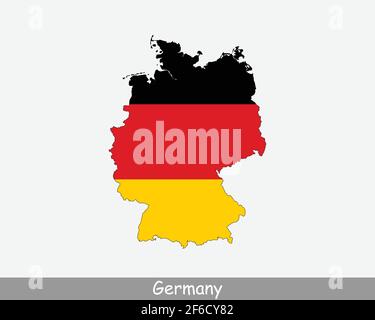 Bandiera della mappa della Germania. Carta della Repubblica federale di Germania con la bandiera nazionale tedesca isolata su sfondo bianco. Illustrazione vettoriale. Illustrazione Vettoriale