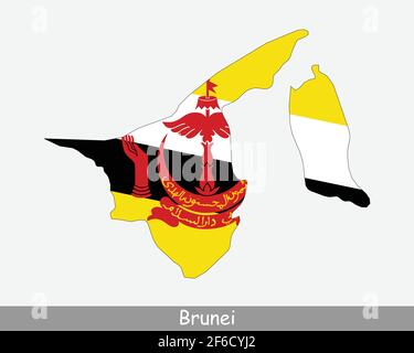 Bandiera della mappa Brunei. Mappa del Brunei con la bandiera nazionale del Bruneian isolata su sfondo bianco. Illustrazione vettoriale. Illustrazione Vettoriale