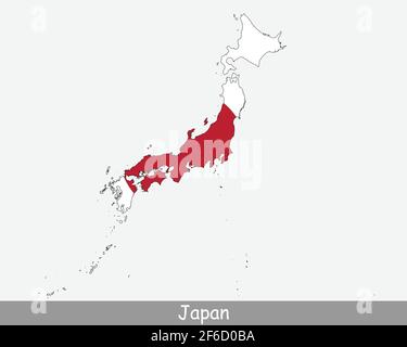 Bandiera della mappa del Giappone. Mappa del Giappone con la bandiera nazionale giapponese isolata su sfondo bianco. Illustrazione vettoriale. Illustrazione Vettoriale