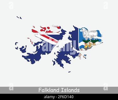 Bandiera della mappa delle Isole Falkland. Mappa delle Isole Falkland con bandiera isolata su sfondo bianco. Territorio britannico d'oltremare. Illustrazione vettoriale. Illustrazione Vettoriale