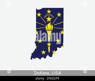 Bandiera della mappa dell'Indiana. Mappa DI IN, Stati Uniti con la bandiera di stato Hoosier isolato su sfondo bianco. Stati Uniti, America, America, Stati Uniti d'America, Illustrazione Vettoriale