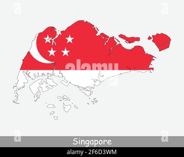 Mappa Bandiera di Singapore. Mappa della Repubblica di Singapore con la bandiera nazionale singaporiana isolata su sfondo bianco. Illustrazione vettoriale. Illustrazione Vettoriale