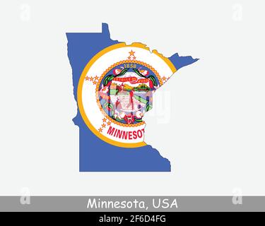 Bandiera della mappa del Minnesota. Mappa del MN, USA con la bandiera di stato isolata su sfondo bianco. Stati Uniti, America, America, Stati Uniti d'America, Stati Uniti Illustrazione Vettoriale