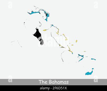 La bandiera della mappa delle Bahamas. Mappa delle Bahamas con la bandiera nazionale isolata su sfondo bianco. Illustrazione vettoriale. Illustrazione Vettoriale