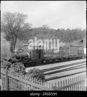 Frykstad - ferrovia fluviale trasparente, locomotiva FCJ "congelata" con carro merci e un'autovettura aperta di vecchi modelli. Foto Stock