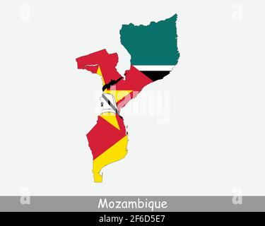 Mappa Bandiera del Mozambico. Mappa della Repubblica del Mozambico con la bandiera nazionale mozambicana isolata su sfondo bianco. Illustrazione vettoriale. Illustrazione Vettoriale