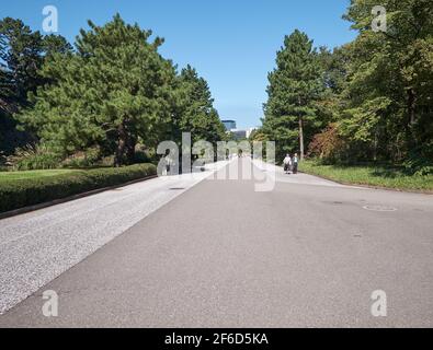 Tokyo, Giappone - 23 ottobre 2019: La passerella pubblica lastricata attraverso il Giardino Est di Edo presso il Palazzo Imperiale di Tokyo. Tokyo. Giappone Foto Stock