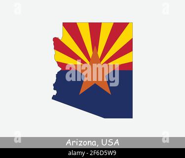 Bandiera della mappa dell'Arizona. Mappa di Arizona, Stati Uniti con la bandiera di stato dell'Arizona isolato su sfondo bianco. Stati Uniti, America, America, Stati Uniti d'America Illustrazione Vettoriale
