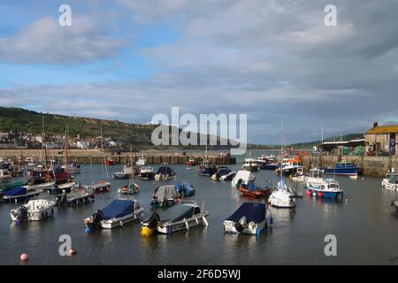 Lyme regis, Dorset, Regno Unito - 20 maggio 2017; Lyme regis, un villaggio turistico con il villaggio e il porto con barche da pesca su un sole summ Foto Stock