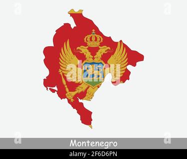 Bandiera della mappa del Montenegro. Mappa del Montenegro con la bandiera nazionale montenegrina isolata su sfondo bianco. Illustrazione vettoriale. Illustrazione Vettoriale