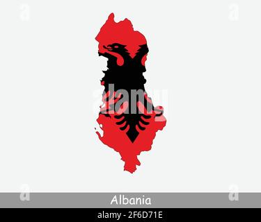 Bandiera della carta albanese. Mappa dell'Albania con la bandiera nazionale dell'Albania isolata su sfondo bianco. Illustrazione vettoriale. Illustrazione Vettoriale