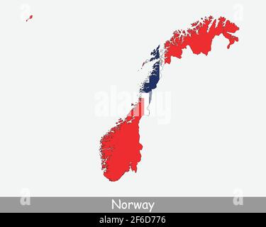 Mappa della bandiera norvegese. Mappa del Regno di Norvegia con la bandiera nazionale norvegese isolata su sfondo bianco. Illustrazione vettoriale. Illustrazione Vettoriale