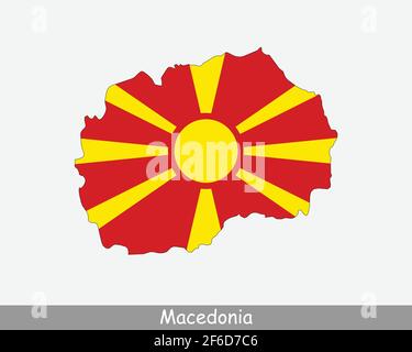 Bandiera della mappa della Macedonia del Nord. Mappa della Repubblica di Macedonia del Nord con la bandiera nazionale macedone isolata su sfondo bianco. Illustrazione vettoriale. Illustrazione Vettoriale