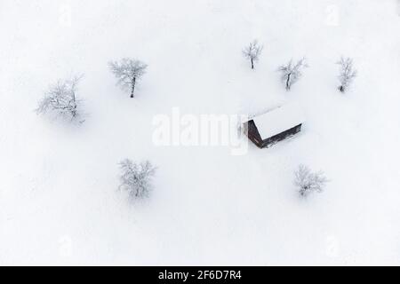 Paesaggio ghiacciato invernale del bellissimo villaggio transilvaniano, Bran, con neve fresca, ai piedi dei Monti Carpazi Foto Stock