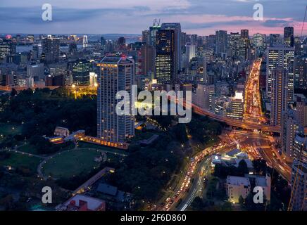 Tokyo, Giappone - 23 ottobre 2019: La vista del Parco Shiba e le luci luminose del viale Sakurada-dori dalla Torre di Tokyo alla direzione della baia di Tokyo al n. Foto Stock