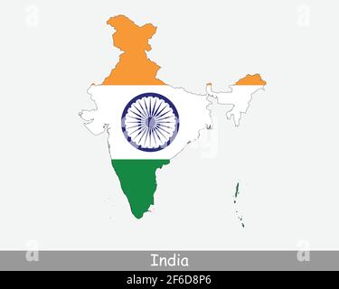 Bandiera della mappa dell'India. Mappa della Repubblica dell'India con la bandiera nazionale indiana isolata su sfondo bianco. Illustrazione vettoriale. Illustrazione Vettoriale