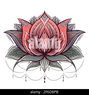 Disegno colorato di un loto con un motivo boho. Giglio d'acqua con perline e decorazione tribale. Simbolo religioso naturale. Vettore doodle fiore con folia Illustrazione Vettoriale