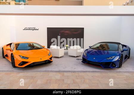 Lamborghini Huracan evo rwd spyder in mostra al Pearl Qatar Motor Show Foto Stock