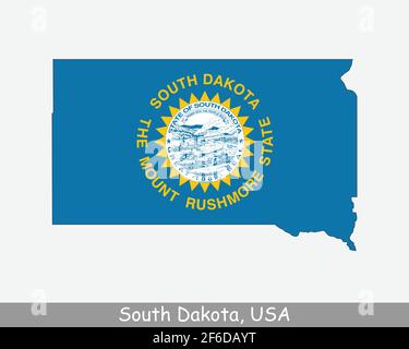 Bandiera della mappa del South Dakota. Mappa di SD, USA con la bandiera di stato isolata su sfondo bianco. Stati Uniti, America, America, Stati Uniti d'America, Illustrazione Vettoriale