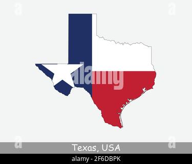 Bandiera della mappa del Texas. Mappa di TX, USA con la bandiera di stato isolata su sfondo bianco. Stati Uniti, America, Stati Uniti, Stati Uniti d'America, Stati Uniti d'America Illustrazione Vettoriale