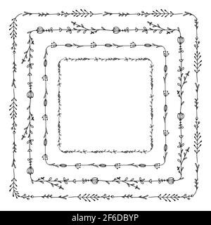 Set di cornici quadrate con fiori di doodle, rami e foglie. Disegni naturali in bianco e nero. Modelli vettoriali per inviti, biglietti, ban Illustrazione Vettoriale