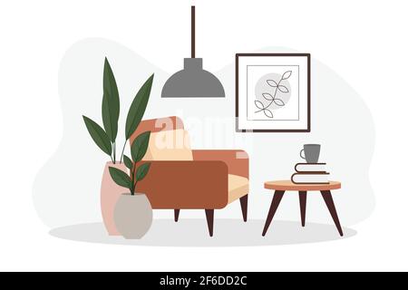 Eleganti interni di appartamenti in stile scandinavo con decor moderno. Accogliente soggiorno arredato. Illustrazione vettoriale piatta Cartoon. Luminoso, elegante e. Illustrazione Vettoriale