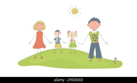 Felice famiglia sorridente stand tenendo le mani su prato d'erba con Daisy. Il sole splende.Padre, madre, figlia e figlio. Per ambulatorio ad family, bambini Illustrazione Vettoriale