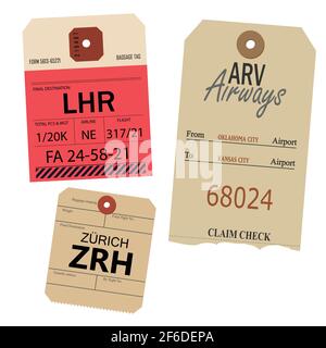 Etichette per bagagli vintage. Zurigo ZRH. LHR. Oklahoma e Kansas City Illustrazione Vettoriale