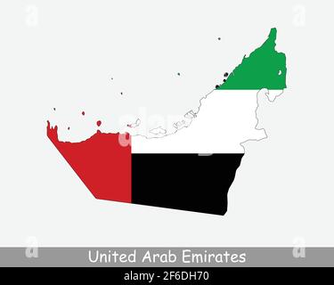 Mappa della bandiera degli Emirati Arabi Uniti. Mappa degli Emirati Arabi Uniti con la bandiera nazionale degli Emirati isolata su sfondo bianco. Illustrazione vettoriale. Illustrazione Vettoriale