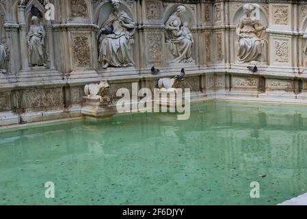 Particolare della Fonte Gaia fontana della gioia , con la Vergine Maria e Gesù bambino. Piazza del campo campo . Siena, Italia Foto Stock