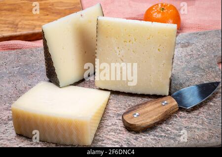 Collezione di formaggi, pezzi di formaggio spagnolo duro manchego curado, viejo e Iberico primo piano Foto Stock