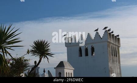 Mattina sopra la città, con uccelli su un tetto di un bianco castello edificio che guarda in Marocco. Foto Stock