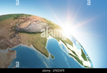 Il sole splende su una vista dettagliata del pianeta Terra, focalizzata su Asia, India, Himalaya e Tibet - elementi forniti dalla NASA Foto Stock