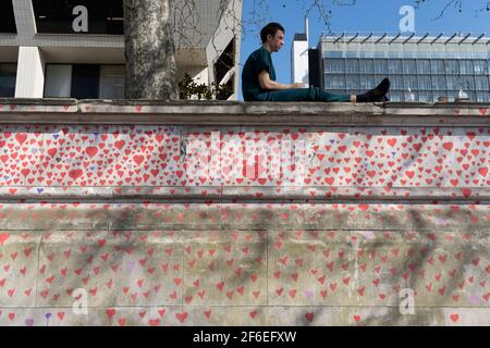 I cuori rossi che formano il National Covid Memorial Wall, un tributo alle oltre 150,000 vittime britanniche della pandemia di Coronavirus. La famiglia e gli amici delle vittime di Covid-19 hanno iniziato a lavorare sul muro situato fuori dall'ospedale St Thomas, e che si affaccia alla Camera del Parlamento a Westminster, il 30 marzo 2021, a Londra, Inghilterra. Lo scorso anno il primo Ministro Boris Johnson è stato trattato per Covid a St Thomas. Foto Stock