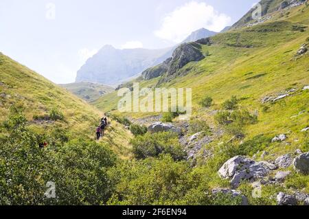 Un gruppo di persone è trekking nelle montagne del Parco Nazionale dei Monti Sibillini (Marche, Italia, Europa) Foto Stock