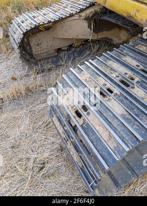 Primo piano del cingolato sporco con il fango secco proveniente dal campo di risaia, l'escavatore sta lavorando per regolare il livello nel campo di risaia prima della mietitura Foto Stock