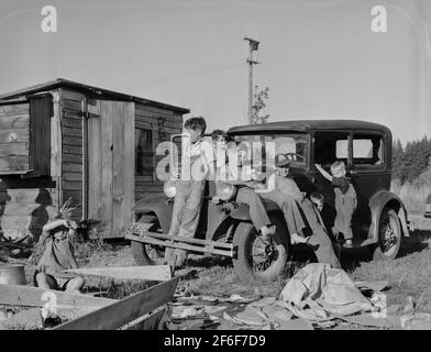 I bambini dei raccoglitori di fagioli provenivano da Kansas, Nebraska, South Dakota, California, Missouri. Oregon, Marion County, vicino a West Stayton. 1939. Fotografia di Dorotea Lange. Foto Stock