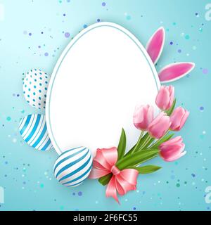 Buon modello di banner pasquale con uova di Pasqua e fiore di tulipano nastro rosa orecchio di coniglio Foto Stock