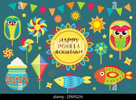 Happy Pohela Boishakh set icone con mulino a vento di carta, gufo, rasagola. Bengalese Collezione di elementi di design, clip-art per il nuovo anno Illustrazione vettoriale Illustrazione Vettoriale