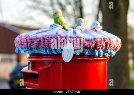 Bromsgrove, Worcs, Regno Unito. 31 Marzo 2021. Due caselle postali Royal Mail sono state improvvisamente misteriosamente decorate con graziose coperte a tema primaverile nella zona Catshill di Bromsgrove, Worcs. Le coperture graziose hanno pulcini, coniglietti e fiori che li adornano ed hanno un'etichetta calda e amichevole del messaggio fissata. Sembra che un gruppo Facebook di artigiani chochet chiamato Random atti di gentilezza crochet sono dietro il gesto. Altre caselle postali che sono state coperte allo stesso modo sono a Battersea, Lincoln e Galles. Credit: Peter Lopeman/Alamy Live News Foto Stock