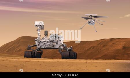 Questo concetto di artista comprende il Mars Science Laboratory Curiosity rover della NASA, un robot mobile per studiare la capacità di Marte di sostenere il passato o il presente Foto Stock