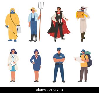 Persone di diverse professioni e professioni, lavoratori in serie di personaggi cartoni animati uniforme, flat vettoriale illustrazione. Illustrazione Vettoriale