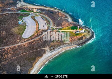 Vista aerea su Long Island con il faro di Montauk Point e. vista sull'oceano Foto Stock