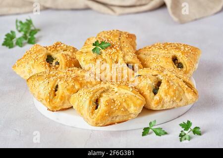 Pasta sfoglia ripiena di spinaci, pollo e formaggio. Primo piano Foto Stock