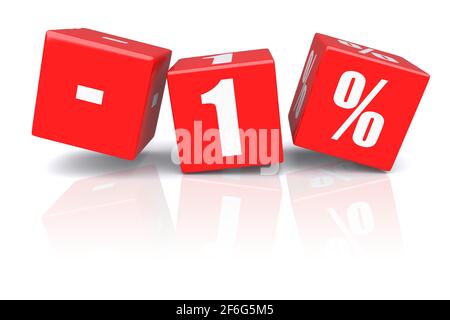 1% di sconto sui cubi rossi su sfondo bianco. immagine 3d rappresentata Foto Stock