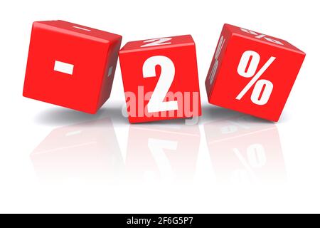 2% di sconto sui cubi rossi su sfondo bianco. immagine 3d rappresentata Foto Stock